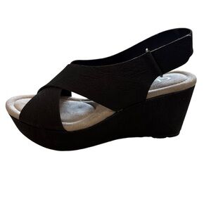 NWT CL by Laundry Black Platform Wedge Sandals Size 7.5 Ankle Strap 3 Inch Heel